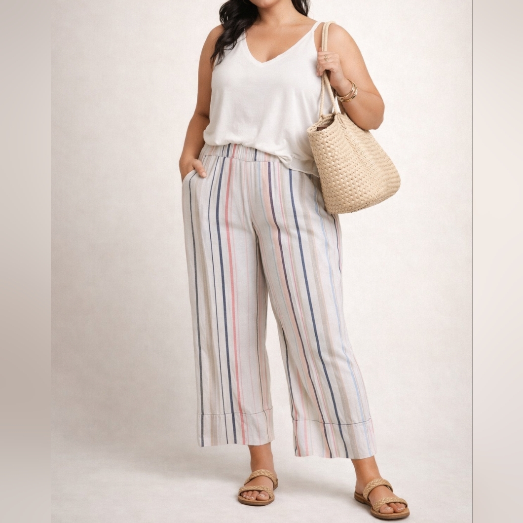 New Look Linen Blend Striped Pants Size Large Front Pockets